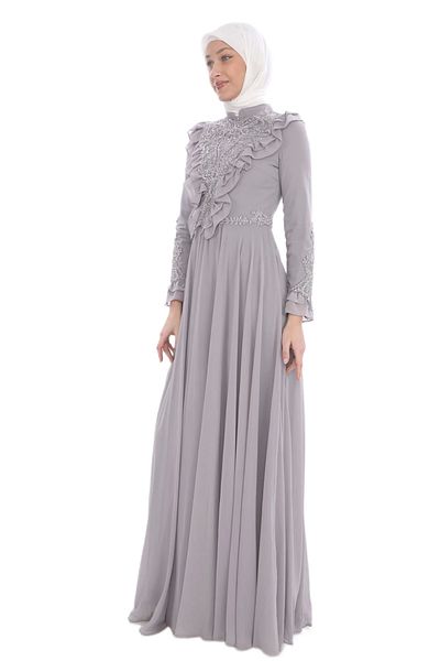 lodmela Rochie de Seara Hijab Gri - Applique cu Volane Brodat, Model 724