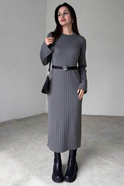 Big Love Kendinden Çizgili Kalem Triko Elbise