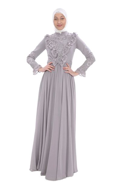 lodmela Rochie de Seara Hijab Gri - Applique cu Volane Brodat, Model 724
