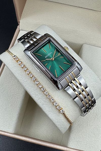Homies Rectangular Case Model Women's Wristwatch Gold and Silver Color Green Dial Bracelet Gift.