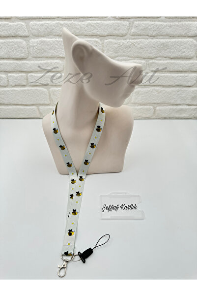 zezedesing Arı Desenli Papatya Çiçekli Boyun İpi ve Telefon Askısı (KARTLIK D...