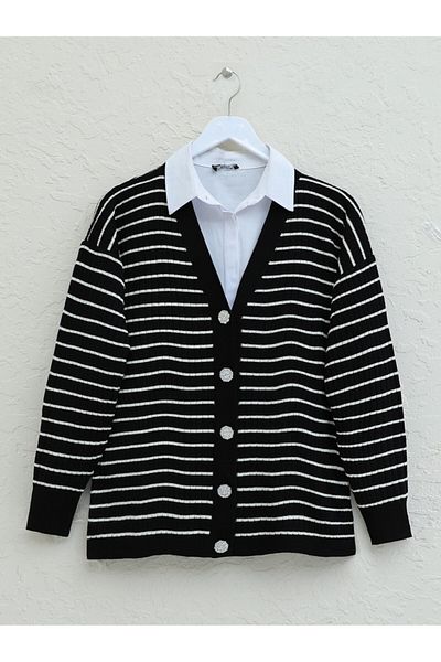 Modamorfo Stone Detailed Buttoned Knitwear Cardigan - Black