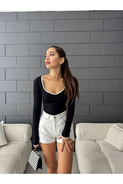 Fav Style Γυναικεία μακρυμάνικη μπλούζα με ριμπ λαιμόκοψη σε μαύρο χρώμα