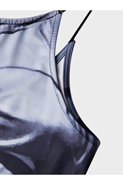 theanemos Vücut Baskılı Islak Görünümlü Mavi Elbise