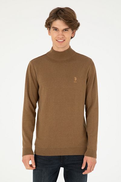 U.S. Polo Assn. Men's Slim Fit Half Throat Khaki Melange Basic Sweater 50288887 -Vr125