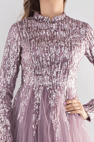 fistan 6950 Uzun Kol Sim Işli Tesettür Nişanlık Abiye Elbise