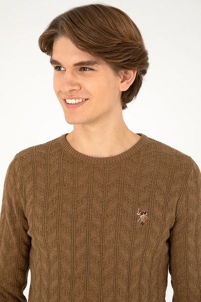U.S. Polo Assn. Khaki Melange Slim Fit Crew Neck Men's Sweater - 50288883 -Vr125
