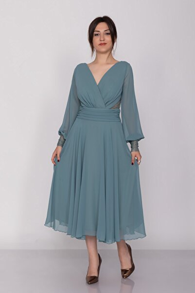 DORİDORCA 3043 Kruvaze Yaka Bel Sırt Dantel Uzun Kol Şifon Midiboy Elbise