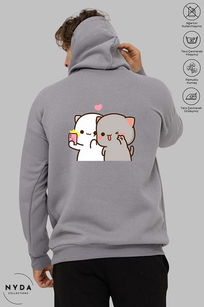 Nyda Collections Hanorac supradimensionat din bumbac unisex - Hanorac cu mânecă lungă, cu glugă, cu imprimeu selfie