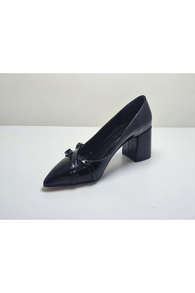 Hanedan Patent Leather Sitletto Thick Heeled Buckle Women's Shoes Black and Burgundy