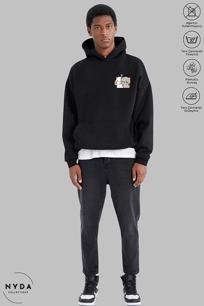 Nyda Collections Hanorac supradimensionat din bumbac unisex - Hanorac cu mânecă lungă, cu glugă, cu imprimeu selfie