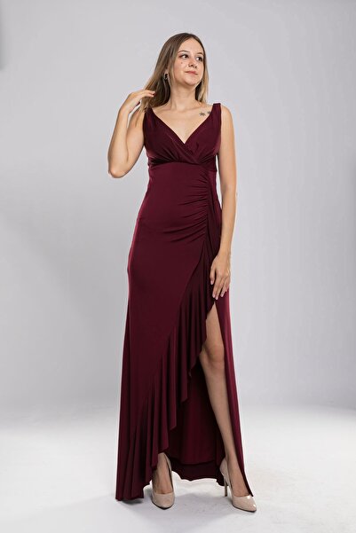 DORİDORCA 2064 Kb Eteği Fırfırlı Saten Uzun Elbise