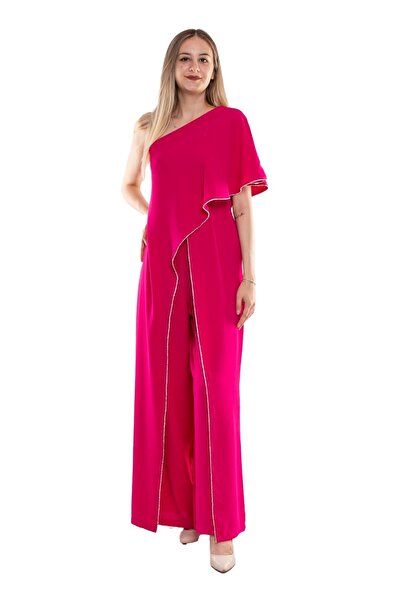 AYHAN 70441 Sıra Taşlı Tek Omuz Şal Detay Krep Abiye Tulum