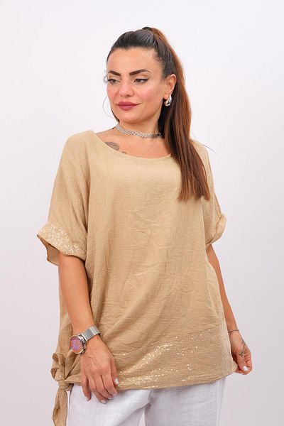 Modalook Camel Colored Cotton Linen Blouse - Skirt and Sleeve Sequined