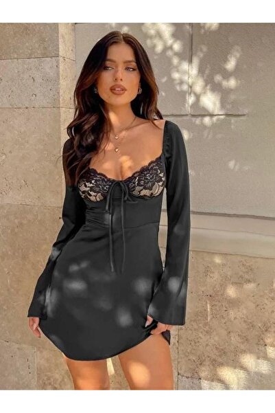 theanemos Femına Uzun Kollu Dantel Detaylı Mini Elbise