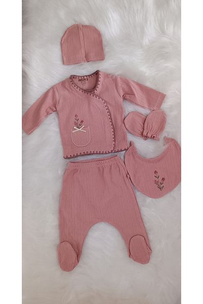 Necix's Newborn Baby Girl 5-Piece Bodysuit Set with Pockets and Floral Embroidery and Original Report Hospital Release