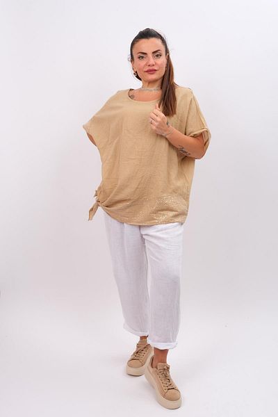 Modalook Camel Colored Cotton Linen Blouse - Skirt and Sleeve Sequined