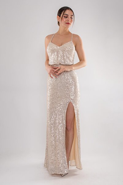 DORİDORCA 1078 Arkası Çapraz İpli Yırtmaçlı Pulpayet Uzun Elbise