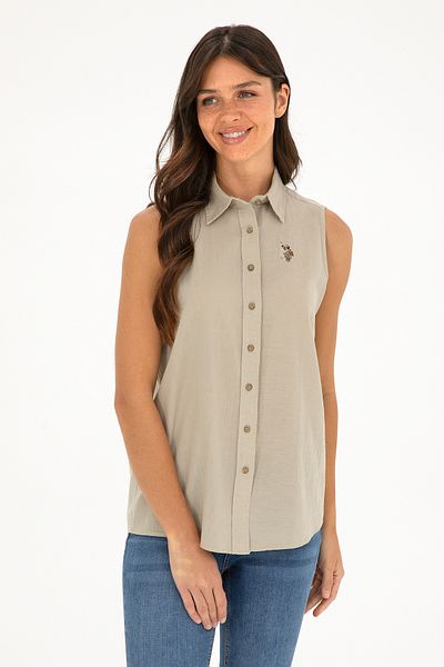 U.S. Polo Assn. Cămașă cu mânecă scurtă pentru femei, kaki deschis, aspect de in 50288909-VR183