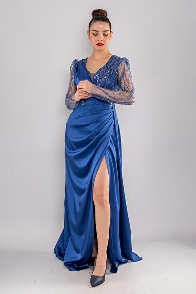 Saygın Giyim 486 Payetli Tül Kol Kruvaze Yaka Drapeli Uzun Saten Elbise