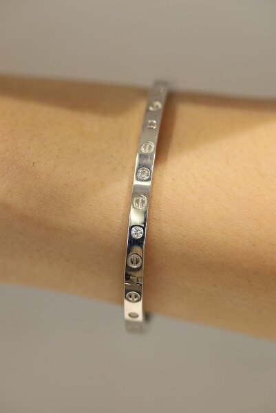 Yenigün Kuyumculuk 14 Ayar Beyaz Altın Taşlı Çivi Kelepçe