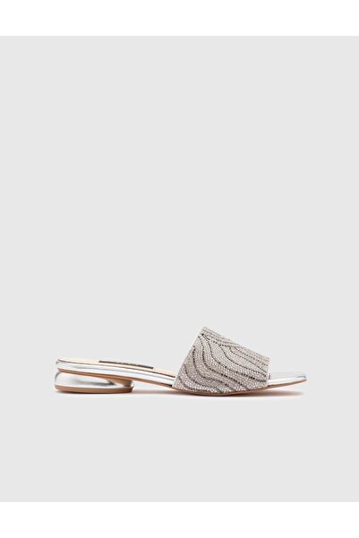 İLVİ Women's Silver Colored Genuine Leather Boday Stone Heeled Slippers