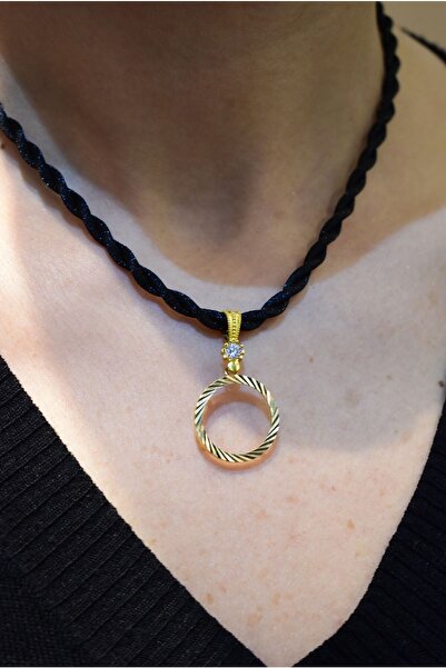 Yenigün Kuyumculuk 14 Ayar Altın Taşlı Çeyrek Altın Çerçeveli Ipek Ipli Kolye