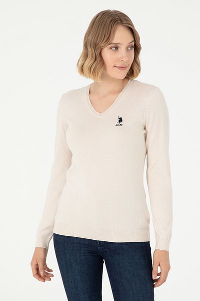 U.S. Polo Assn. Pulover de bază crem Melange cu decolteu în V pentru femei 50288997 -vr159