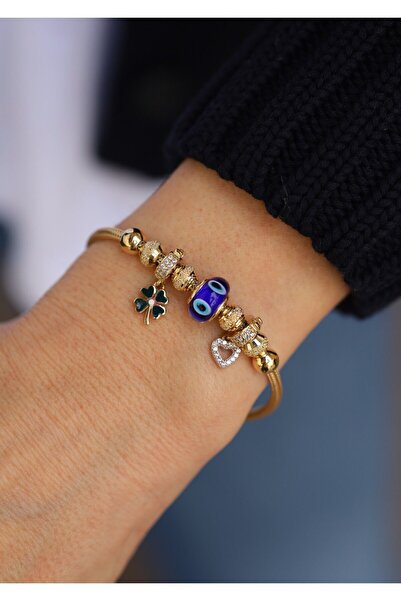 Yenigün Kuyumculuk 14 Ayar Altın Göz Boncuklu Çıkarılabilir Charm Bileklik