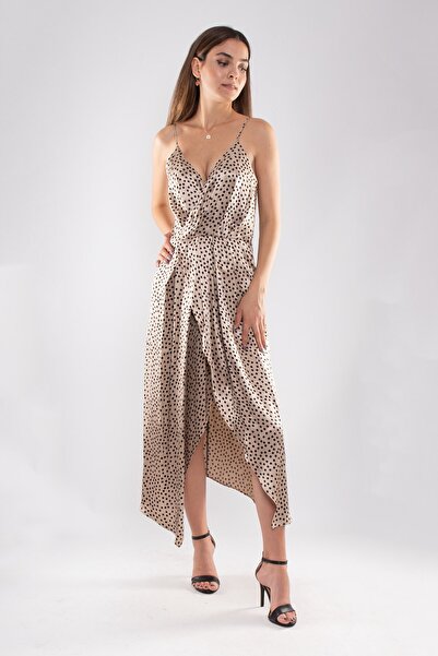 AYHAN 61637 İp Askı Puanlı Kruvaze Yaka Eteği Yırtmaçlı Saten Elbise