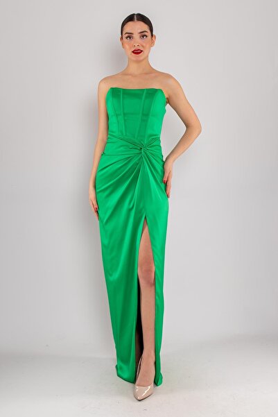 DORİDORCA 5062 Straplez Göğüs Balen Önü Büzgülü Uzun Saten Elbise