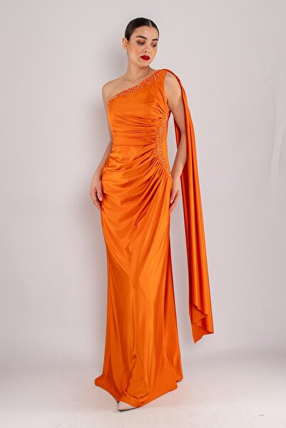 Saygın Giyim 505 Tek Omuz Beli Drape Kristal Buzi Uzun Elbise