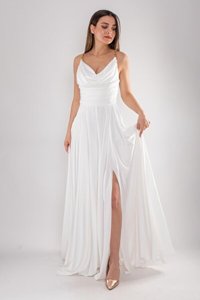 DORİDORCA 5022 Bel Drape Şal Yaka Saten Kloş Uzun Elbise