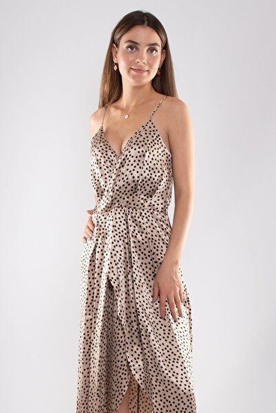 AYHAN 61637 İp Askı Puanlı Kruvaze Yaka Eteği Yırtmaçlı Saten Elbise