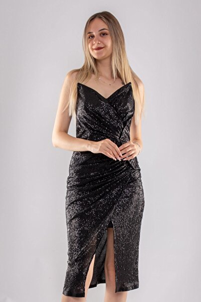 Dans 1288 Straplez Yanı Drape Eteği Kapaklı Pullu Kısa Elbise