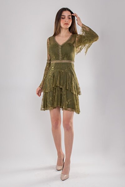 Saygın Giyim 331 Kolları Valonlu Eteği Katlı Kısa Dantel Elbise