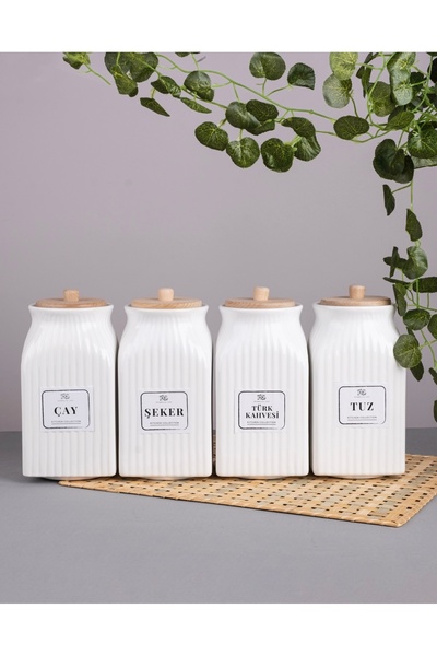 Pembelia Life 4’lü Bambu Kapaklı Porselen 1000 ml Çay Şeker Türk Kahve Tuz Sa...