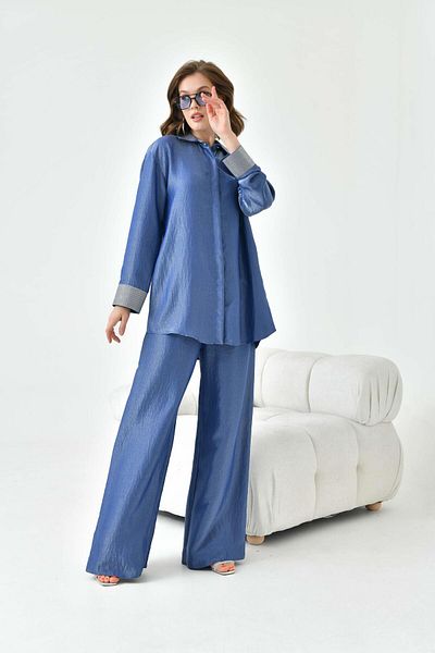 FTZ WOMEN Navy Blue Stone Detailed Women's Set - Collar and Sleeve 30781