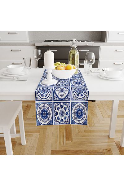 3D ELSE HALI Blue White Chinese Patterned Digital Printed Stain Resistant Carefree Decorative Runner 40x140cm