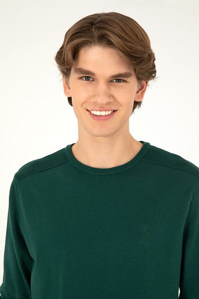 U.S. Polo Assn. Pulover de bază verde pentru bărbați, slim fit, cu gâtul rotund 50288888-vr054