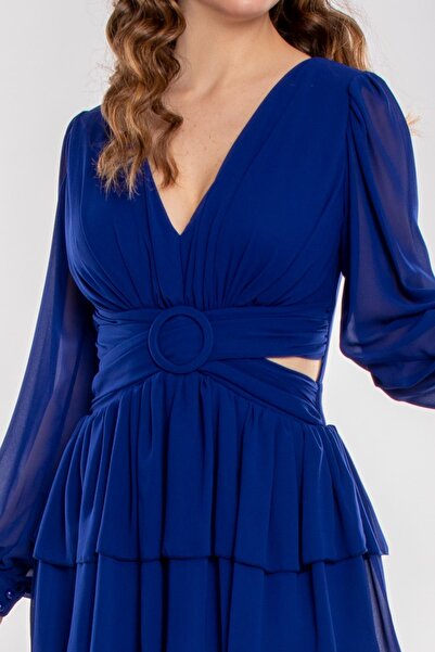 Dans 1298 Beli Çapraz Tokalı Sırtı İpli Uzun Kollu Kısa Şifon Elbise