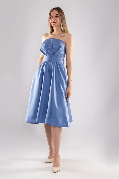 Dans 1211 Strapless Belted and Pocketed Bell Skirt Jacquard Midiboy Dress
