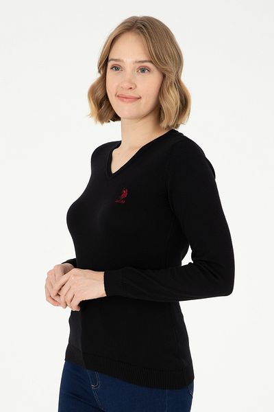 U.S. Polo Assn. Pulover de bază negru cu decolteu în V de damă 50288997 -vr046