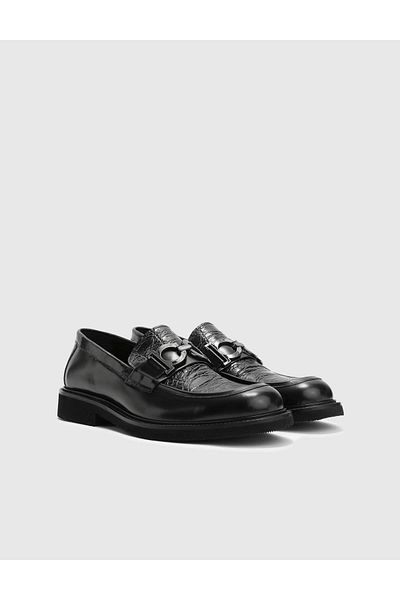İLVİ Sergio Men's Black Loafer - Genuine Leather, Printed