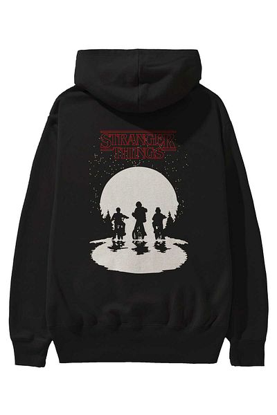Ankhises Hanorac negru cu glugă supradimensionat cu imprimeu Stranger Things Bărbați Femei