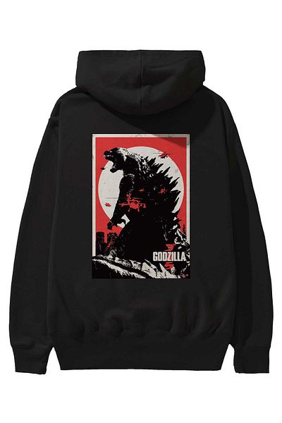 Ankhises Godzilla (2) Hanorac negru cu glugă supradimensionat cu imprimeu pe spate Bărbați Femei
