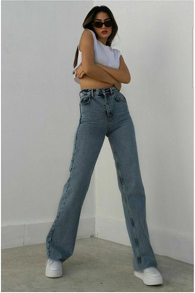Livik Lycra Mid Snow Wash dámské kalhoty Palazzo se super vysokým pasem s volnými nohama Denim Jeans