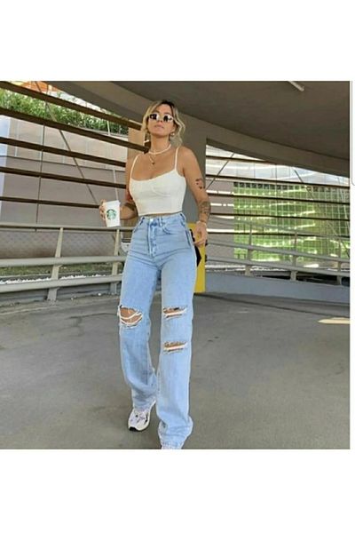 Trn JNS Lusia 90S Blue Ripped Palazzo Jeans - Extra vysoký pas, Detail Snow Wash