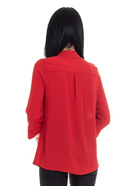 AYHAN 81285 Three-quarter Sleeve Crepe Blouse with Brooch