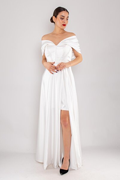 Saygın Giyim 475 Kayık Yaka Detay Sırtı İpli Boncuk İşleme Uzun Saten Elbise